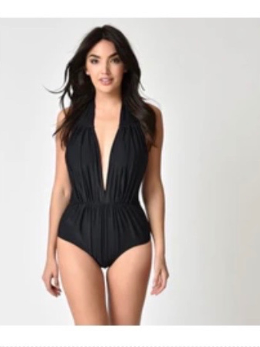 NWT Unique Vintage Black Halter Shirred Derek One Piece Swimsuit - XLarge